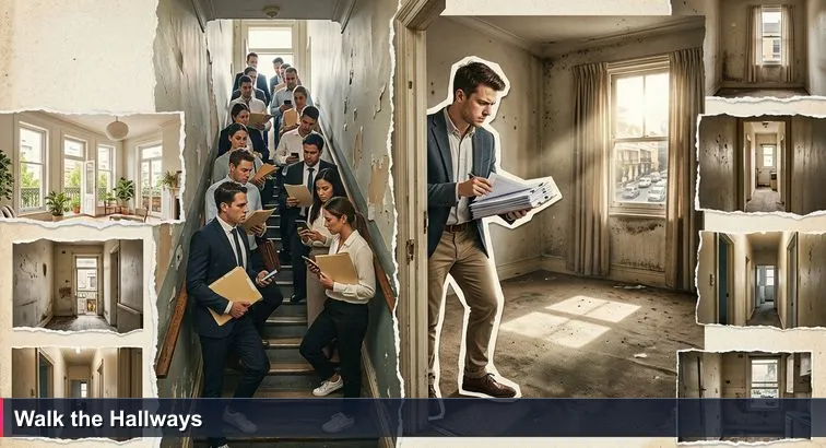 Crowded inner-city stairwell of a Sydney terrace with people in workwear and sneakers climbing stairs, a young engineer holding a clipboard, sunlight through a dusty window and traffic outside.