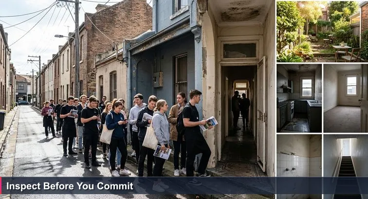 Young Australians queued outside a Newtown terrace clutching a ‘Top 10 features’ rental listing; a dim hallway with mould and a sunlit courtyard visible through the door.