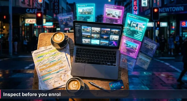 Overhead café table with a laptop open to a listings page, a crumpled ‘Top 10 inspections’ printout marked with highlighter and coffee stains, a flat white and an Opal card in sunlight.