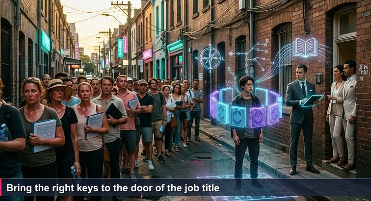 A long queue of diverse people on a hot Newtown terrace street waiting outside a small brick apartment for a rental inspection; an agent with a clipboard waves a well-prepared couple inside while others wait.