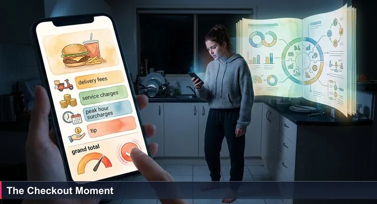 Dim sharehouse kitchen at night with a glowing smartphone showing an UberEats order; a young professional in a hoodie hovers their thumb over ‘Place order’ as itemised fees push the total past $40.
