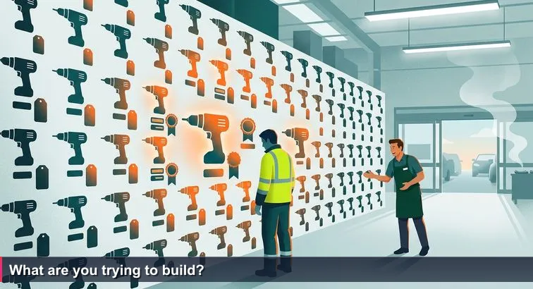 A lone shopper in hi-vis stands before a crowded Bunnings wall of power drills while a staff member in a green apron looks on, evoking overwhelm and choice.