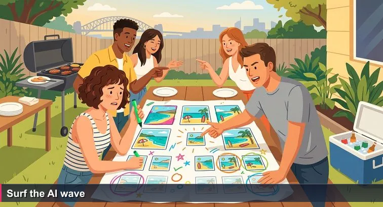 Backyard Sydney barbecue at dusk with a crumpled butcher’s paper titled ‘TOP 10 AUSSIE BEACHES’, friends arguing, marker poised, harbour glinting in the distance.