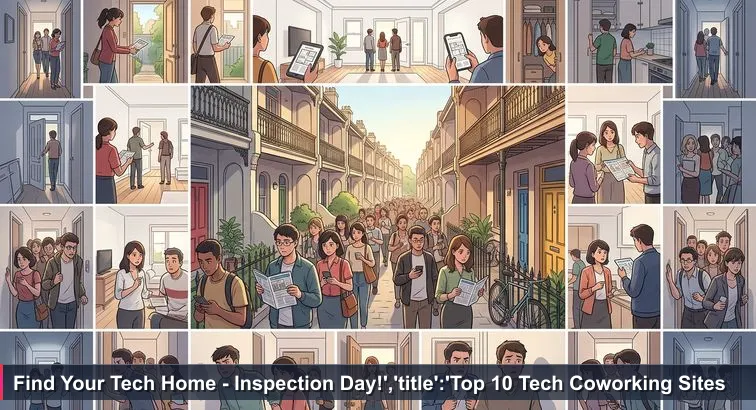Crowded Saturday rental inspection in inner-city Sydney with people queuing outside and glancing at floorplans on phones, evoking the rushed choice of a coworking 'home'.