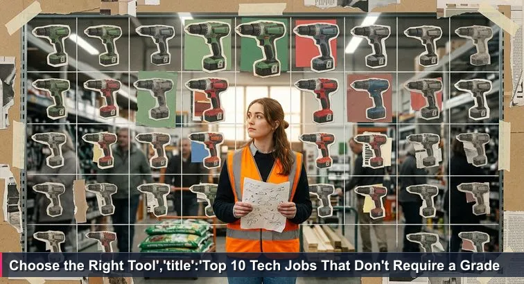 Young woman in a hi-vis vest stands in a busy Bunnings aisle, staring at a wall of colourful cordless drills while holding a crumpled “Top 10 Drills for 2026” printout.