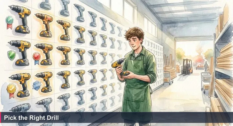 An overwhelmed apprentice in a green Bunnings apron holds a cordless drill in a bright store aisle lined with identical power tools and ‘Top Rated’ tags.