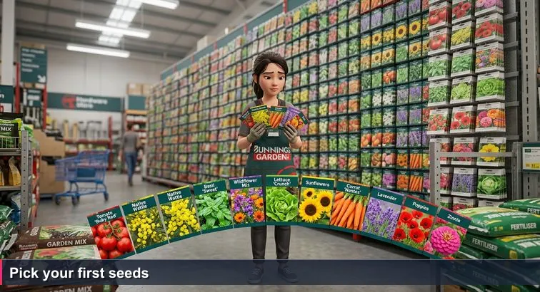 A woman in a Bunnings hi-vis apron stands in a fluorescent-lit seed aisle holding ten seed packets, surrounded by hundreds more packets on the wall, looking thoughtful and unsure.