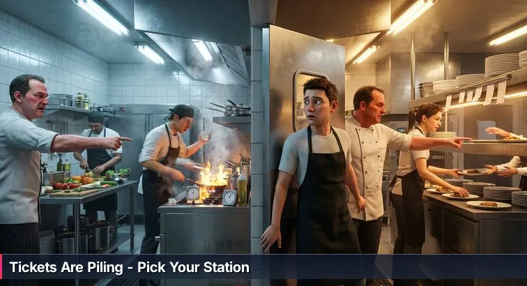 Three people at different kitchen stations representing AI roles: a data scientist at a prep table with charts and a laptop, an ML engineer near a busy grill with server racks and monitors behind them, and an AI engineer at the pass holding a tablet while overseeing plated dishes.