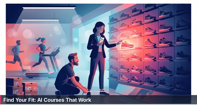 Person at a laptop in a cozy room, studying a glowing grid of course cards on screen while a wall of running shoes is visible behind them, appearing thoughtful and hopeful.