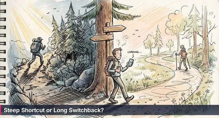 Person at a mountain trailhead choosing between a steep trail and a long winding switchback, holding a smartphone and a backpack.