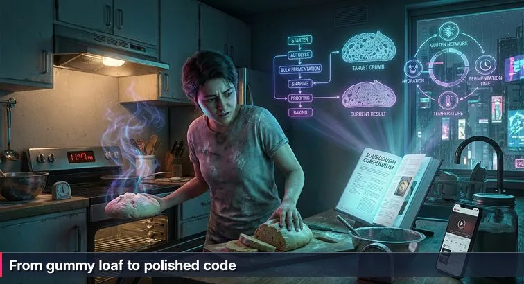 Late-night kitchen scene: a learner at a wooden table with a dense homemade loaf, an open laptop showing code, a clock reading late hours, and a coffee mug.
