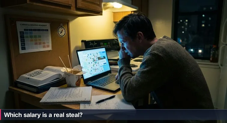 Person hunched over a kitchen table at night, laptop glow on their face, scattered notes and a coffee cup, with city skylines and map pins visible on the screen.