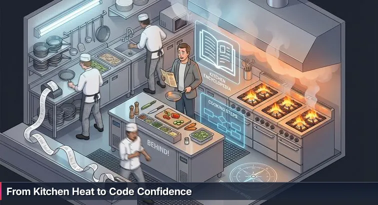 Mid-career professional transitioning from a busy restaurant kitchen to a laptop workspace showing code, symbolizing a switch into a coding career.