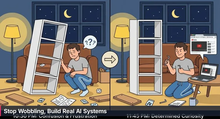 Late-night scene: a determined person tightening a wobbly bookcase bolt with an open laptop showing code nearby, scattered screws and a coffee cup on the floor.