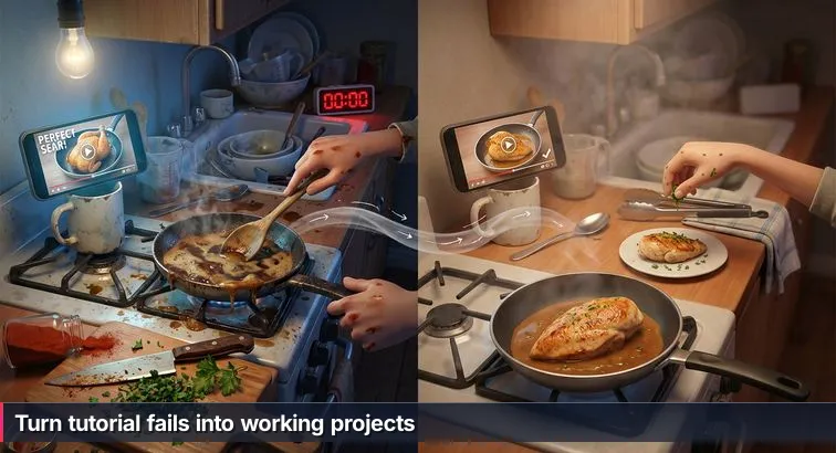 A developer at a cluttered kitchen counter with a laptop showing code, a smoking pan on the stove, scattered PDFs and sticky notes, and a focused, determined expression.