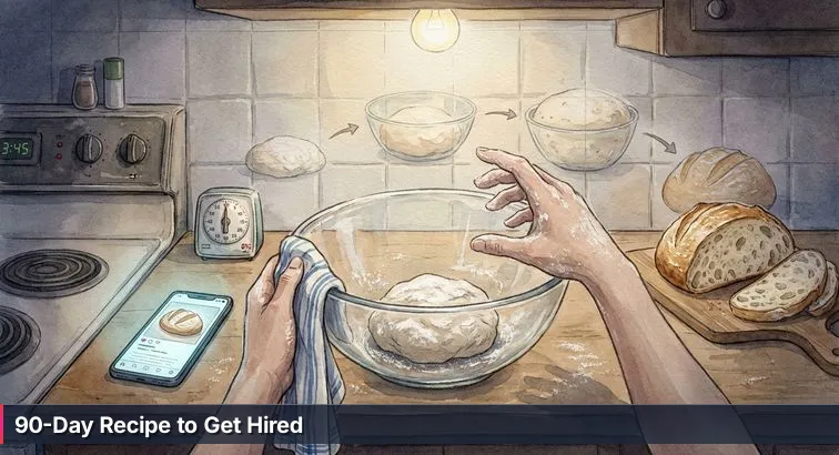 Late-night scene: a person at a kitchen table with a laptop showing code, a lump of dough, a notebook with checklist, sticky notes, and a coffee mug - focused and determined.