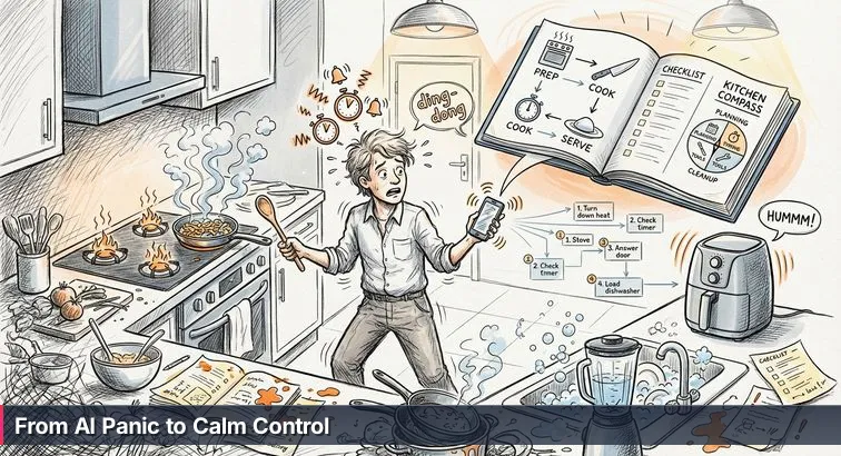 Split-scene: left shows a smoky, cluttered kitchen with a frazzled person and glowing devices; right shows a calm, organized restaurant line with a focused chef.