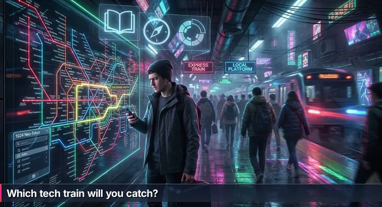 Illustration of a crowded subway-style job map with five colored lines labeled AI & Data, Cybersecurity, Cloud & DevOps, Software & Bridge, and AI Governance, a glowing "You are here" dot, and diverse commuters studying the map.