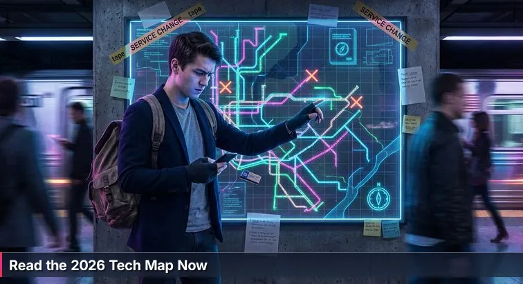 Person studying a large subway-style career map overlaid with tech icons for AI, cloud, security, and data, looking focused and determined.