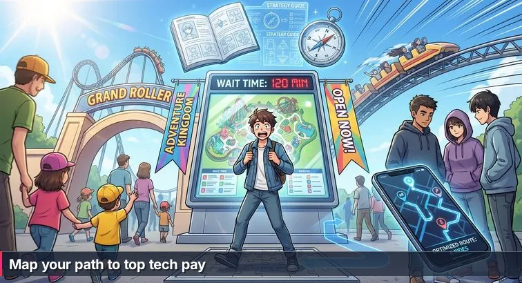 A person under a large steel roller coaster studies an unfolded theme-park style map showing icons for AI, cloud, security, databases, and code.