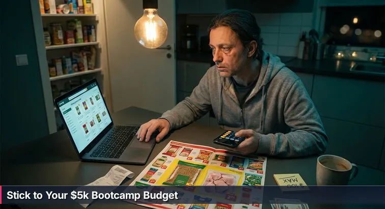 Person seated at a kitchen table at dusk, laptop open, scattered bootcamp brochures and a calculator nearby, a sticky note indicating a $5,000 budget; they look focused and thoughtful.