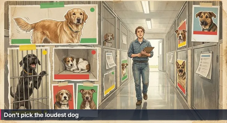 A person holding a clipboard walks down a long shelter-style hallway with rows of kennels; some small groups of people and laptops are visible, evoking choice and comparison.