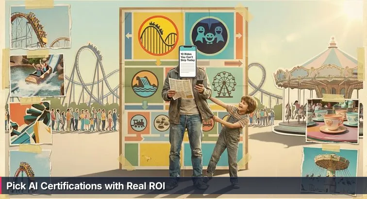 Person at a theme-park entrance studying a map filled with abstract icons for cloud services, university crests, certificate badges, a clock, and a dollar symbol, with blurred rides behind; mood thoughtful and slightly overwhelmed.