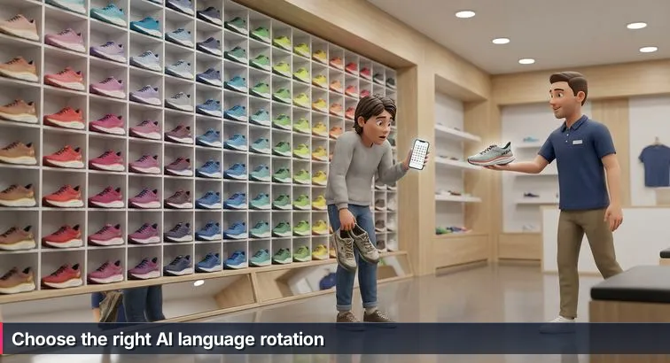 A person in a running-store aisle studies a wall of colorful running shoes while holding a phone; a friendly clerk gestures toward the shoes, suggesting guidance and decision-making.