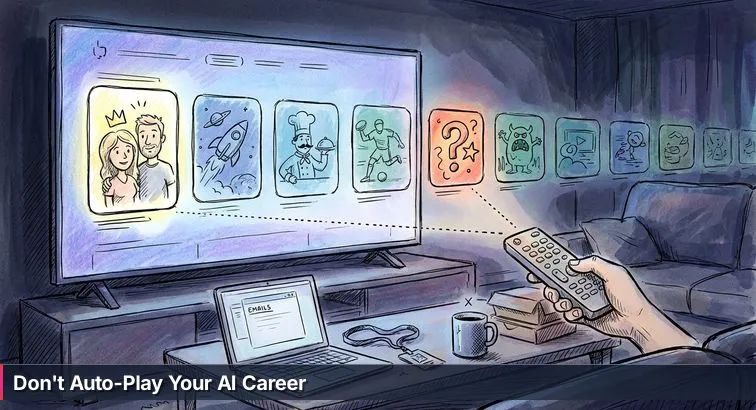 Late-night living room: a person on a couch, TV glow on their face, holding a remote and staring at a wall of bright tiles; mood is contemplative and indecisive.