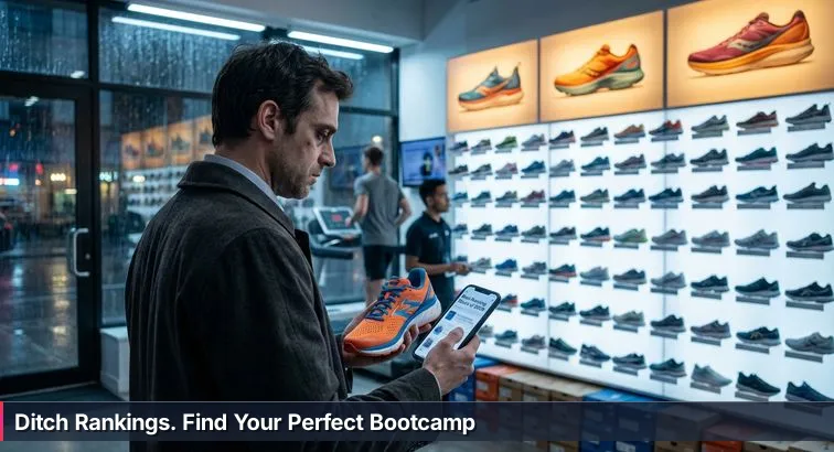Person in a running-store-style aisle holds a laptop while studying bootcamp options in front of a colorful wall of shoes, looking thoughtful and hopeful.