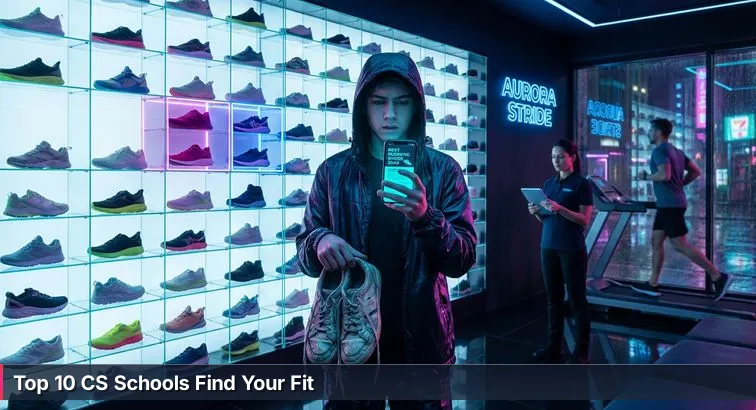 Student in a shoe store holding a running shoe, with college brochures and a laptop on the table, looking thoughtful and slightly overwhelmed.