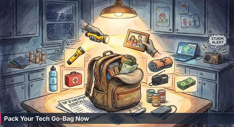 An overstuffed canvas backpack on a messy kitchen table with a laptop, tangled chargers, headphones, notebook, flashlight, USB drive and a small stuffed toy under warm late-night lamp light.