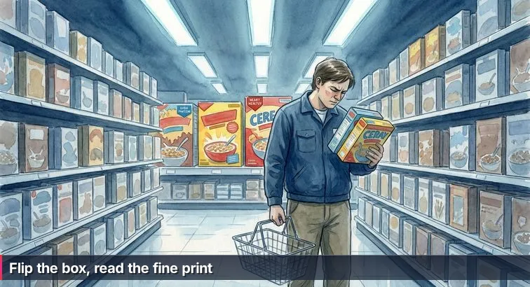 Adult reading a bootcamp-style box closely, magnifying fine print while a laptop and coffee sit nearby, expression thoughtful and focused.