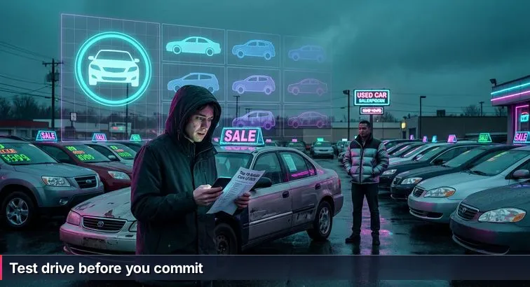 Person standing in a used-car lot at dusk, holding a crumpled paper list and studying rows of cars with a thoughtful, determined expression.