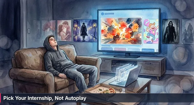 Young adult on a couch at night with a glowing laptop showing many open tabs, a cold pizza slice and coffee on the table, sticky notes and a calendar nearby.