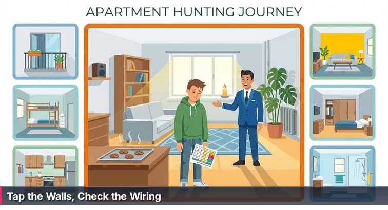 Split image: cozy staged living room beside a peeled-back wall revealing glowing code-like wiring and a person inspecting it with a flashlight.