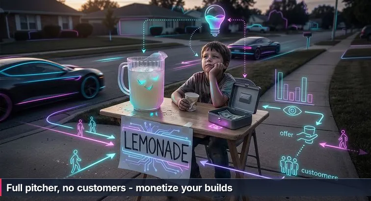 A casual scene of a person behind a makeshift lemonade stand beside an open laptop showing a web app, a full pitcher on the table and an empty cash jar.