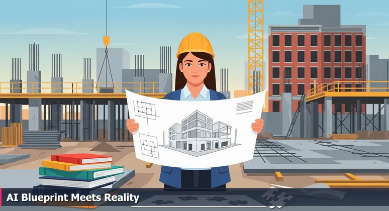 An architectural student at a Newark construction site, holding AI career blueprints against exposed rebar and historic buildings, symbolizing the gap between theory and practical application.