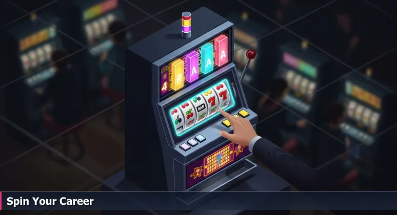 Close-up of a hand hovering over illuminated slot machine levers in a casino, with colorful symbols on the reels.