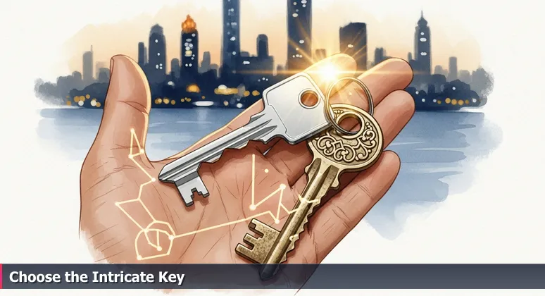 A hand holding two brass keys against a blurred city skyline, symbolizing career choices in tech.