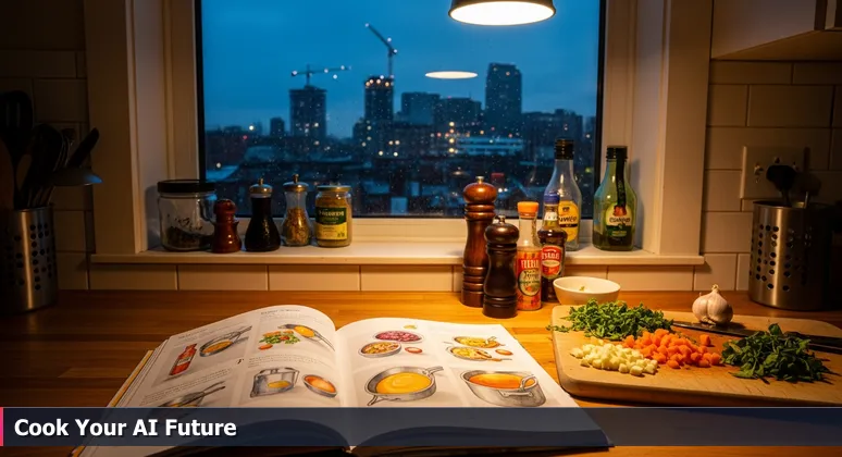 A kitchen counter with an open cookbook showing a recipe, diced ingredients on a cutting board, and the Newark city skyline visible through a window at dusk.