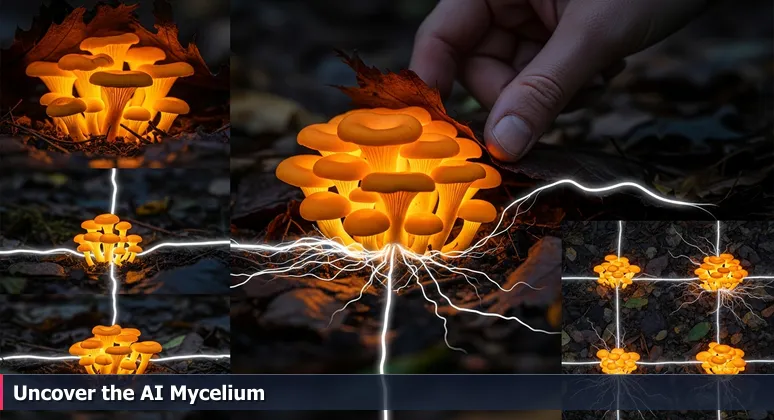 Close-up of a forest floor at dawn with dew on leaves, a hand revealing orange chanterelle mushrooms and white mycelial threads, symbolizing hidden AI innovation in Newark.