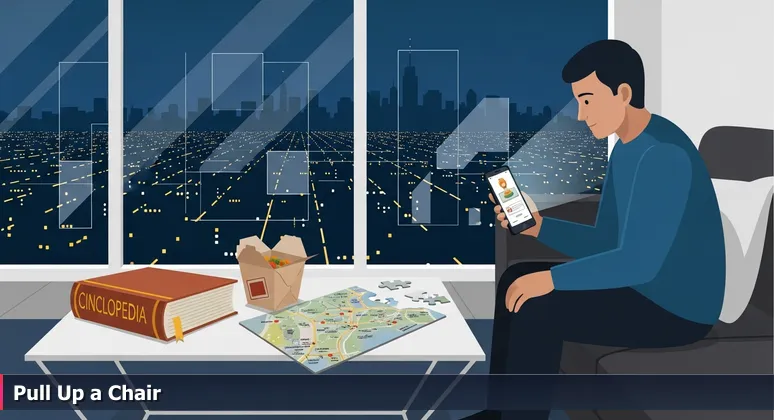 A person alone in a Newark apartment at night, with takeout food and a phone, symbolizing isolation and the need for AI community connection.