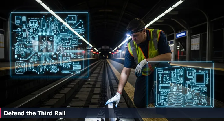 A PATH mechanic in high-vis vest inspects the third rail at Newark Penn Station at night, symbolizing the critical role of cybersecurity professionals in the city.