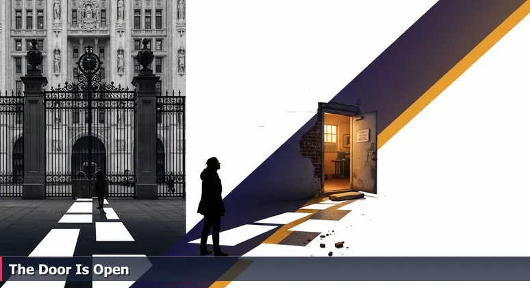 A person discovering an open service entrance next to locked main doors, symbolizing accessible tech training opportunities in Newark, NJ libraries and community centers.