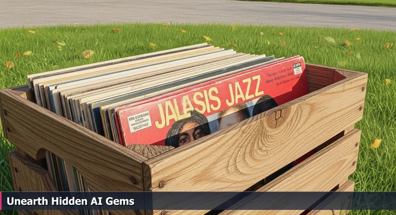 A weathered wooden crate at a Newark yard sale with vintage vinyl records and a hidden jazz album sleeve, symbolizing overlooked AI career opportunities.