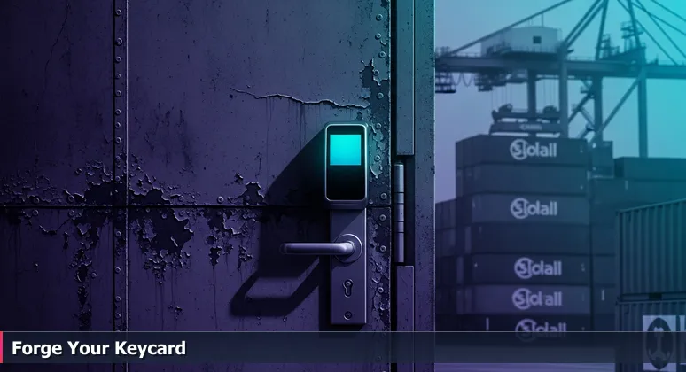 Close-up of a heavy steel service door with a keycard scanner at Port Newark, symbolizing practical access to tech careers.