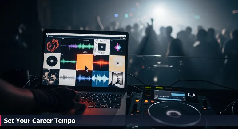 A DJ's hand selecting between startup logos on a laptop screen, symbolizing career choices for junior developers in Newark's tech ecosystem.