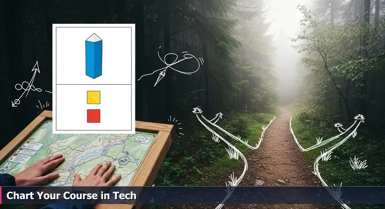 A hiker's perspective of hands on a wooden trail map at a forest entrance, with colored markers for different paths representing tech resources.