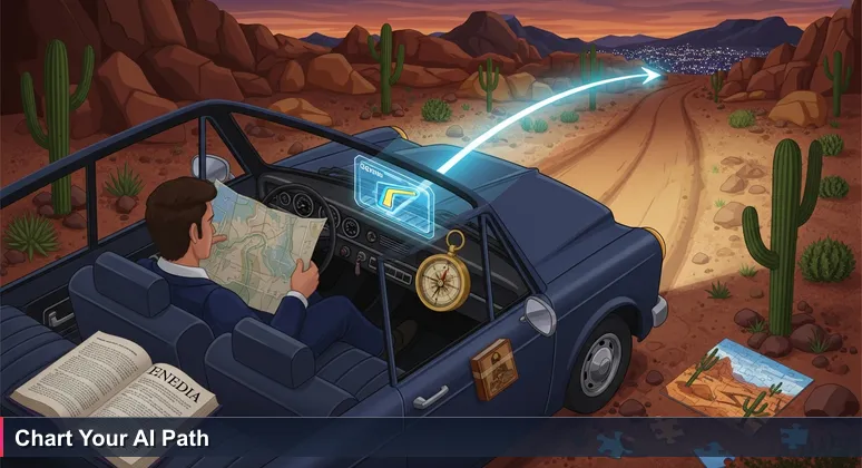 A driver in the Sonoran Desert at dusk compares an old paper map to a GPS showing a clear route to Surprise, AZ, symbolizing AI career navigation from outdated advice to modern opportunities.